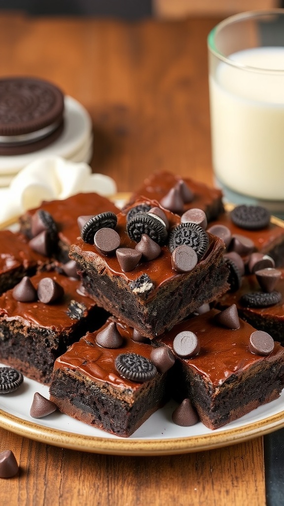 A close-up of fudgy brownies topped with chocolate chips and Oreos, served on a rustic table with milk.